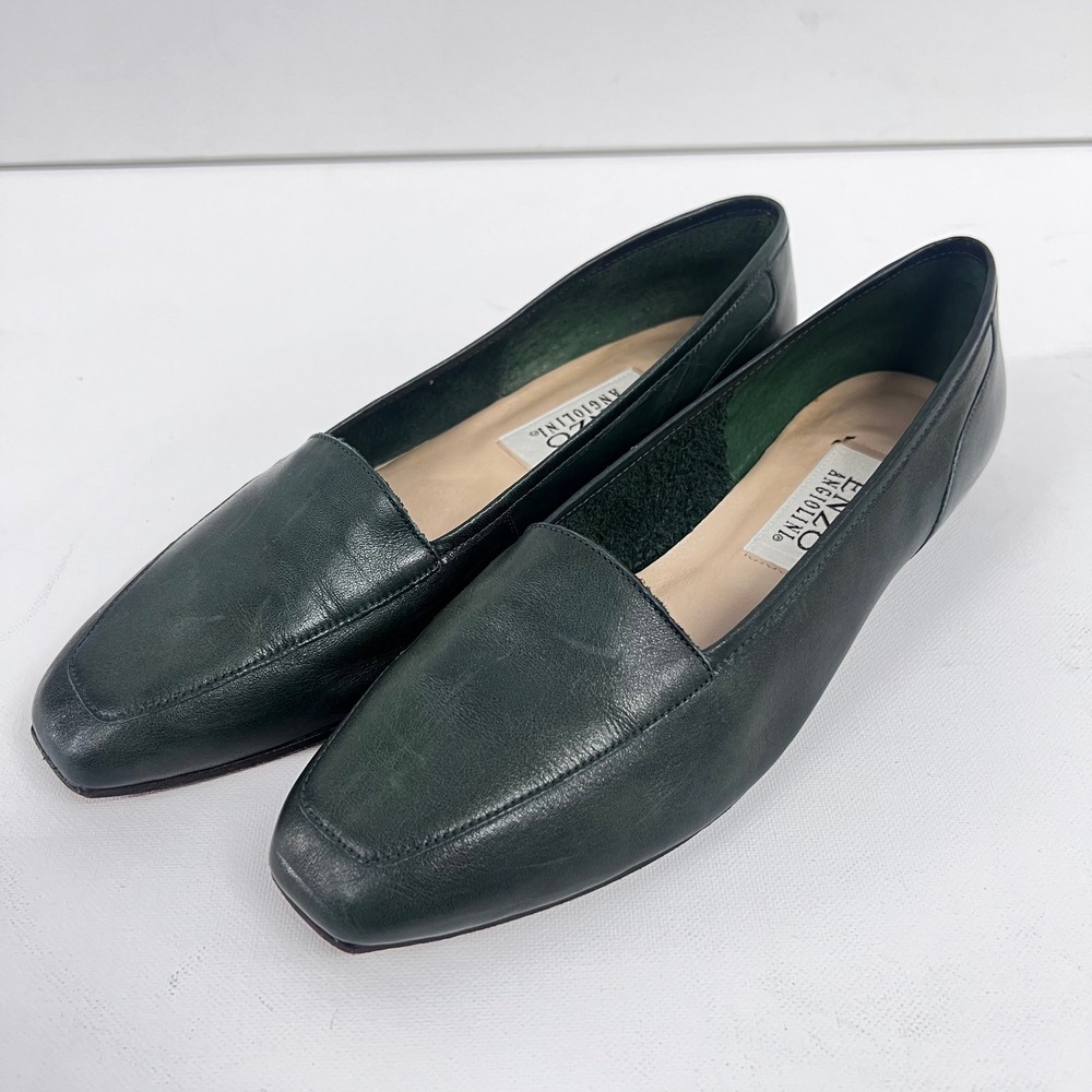 Enzo Angiolini Forest Green Leather Square Toe Loafers Size 8.5M Brazil